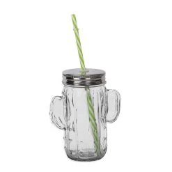 Drinking Jar, Kaktusglas Mit Deckel Und Strohhalm - 414ml
